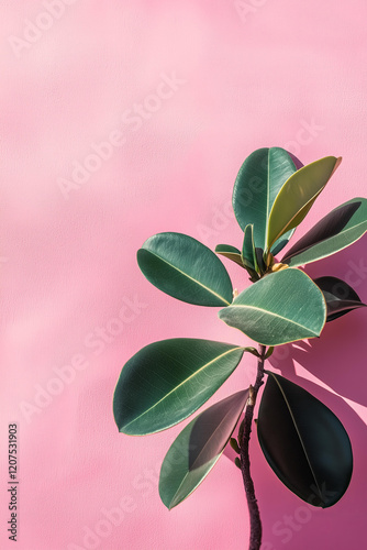 photo of a rubber plant branch with glossy green leaves, vibrant pink background creating a striking contrast, dynamic lighting casting soft shadows and emphasizing the texture of the leaves 