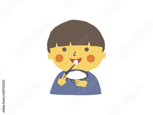 新米のご飯を笑顔で食べる男の子