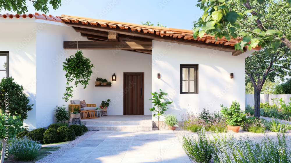 Fototapeta premium serene and inviting Grecian patio with charming front door, surrounded by lush greenery and vibrant plants, creating peaceful outdoor atmosphere