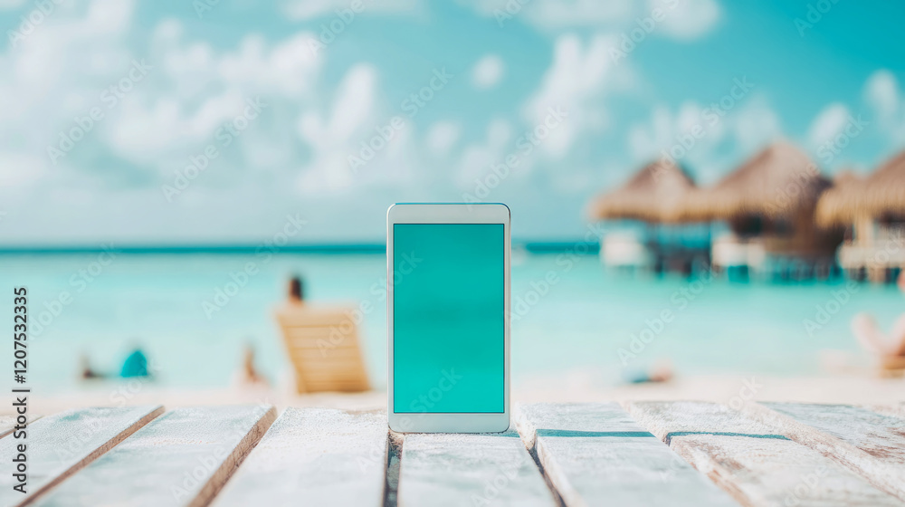 Naklejka premium Seascape with Smartphone on Beach Table: Summer Vacation Mockup