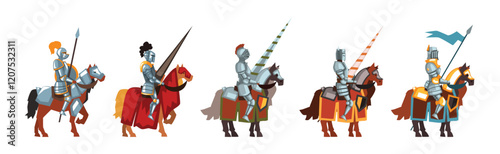 Medieval Knight in Helmet on Horse Vector Set