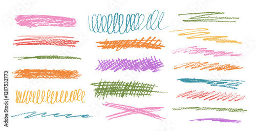 Crayon underline set. Pencil scribble lines pack. Vector hand drawn brush stroke collection illustration isolated on white background. Kids highlights handwritten shape elements. Chalk emphasis figure