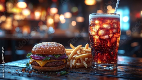 Tastefully arranged on a clean wooden table is a fast food platter including a burger, fries, and soft drink