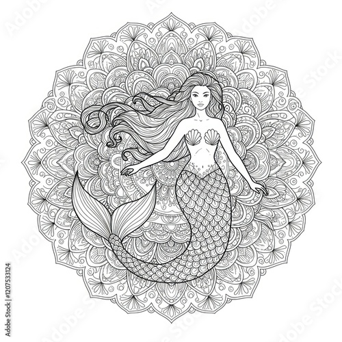 Enchanted Mermaid Mandala: A mesmerizing mermaid with flowing hair and a fishtail emerges from a delicate, intricate mandala, her ethereal beauty radiating magic and wonder.