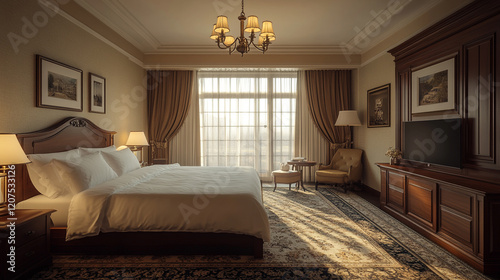 Luxurious hotel room with elegant decor and natural light in bright environment