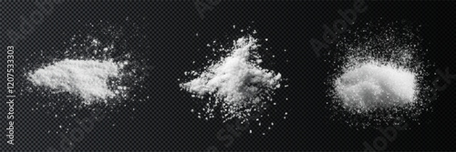 Vector illustration of scattered salt, flour, or sugar powder with realistic texture. Transparent background with grainy particles, glistering crumbs, and crushed seasoning elements for cooking design