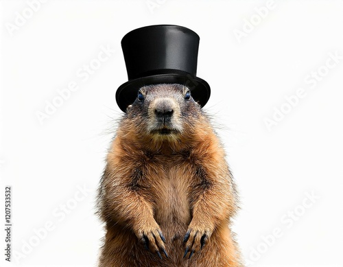 a standing marmot in a black hat marmot in a black top hat groundhog day isolated on white background