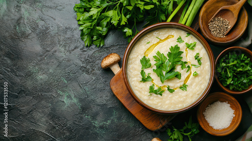 Creamy organic mushroom risotto garnished with fresh herbs and spices