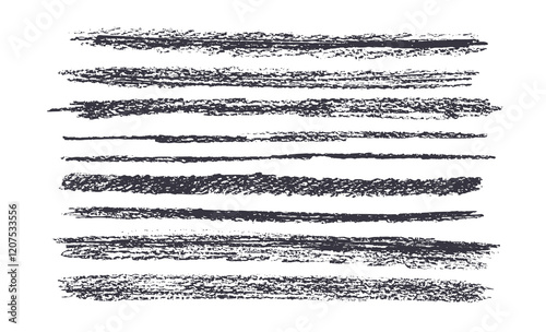 Charcoal underline set. Pencil scribble straight lines pack. Chalk doodle rough strokes. Grunge uneven elements. Crayon emphasis shapes. Vector hand drawn collection illustration isolated on white bac