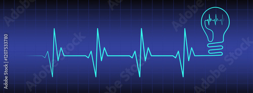 Heart rhythm illustration with lightbulb on blue medical background, heartbeat line vector design to use for healthcare, business, healthy lifestyle, medicine, ekg concept illustration projects. 