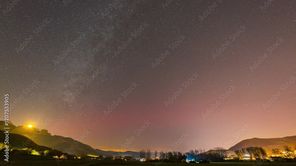 Northern lights illuminating La Vall d en Bas in La Garrotxa, Spain