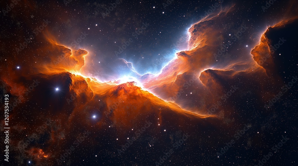 Fototapeta premium Cosmic Nebula in Fiery Orange and Deep Blue Shades