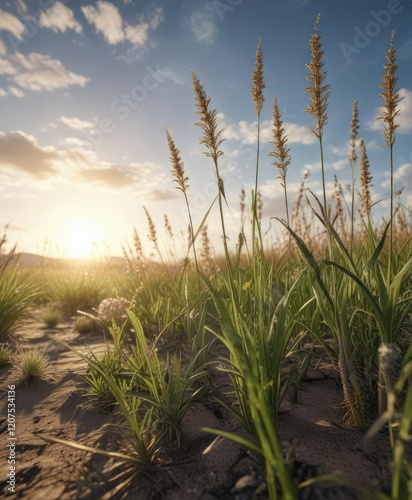 Blooming stalks of a drought-resistant grass stretching towards the sky, hot climate, drought resistant grass, dry land photo