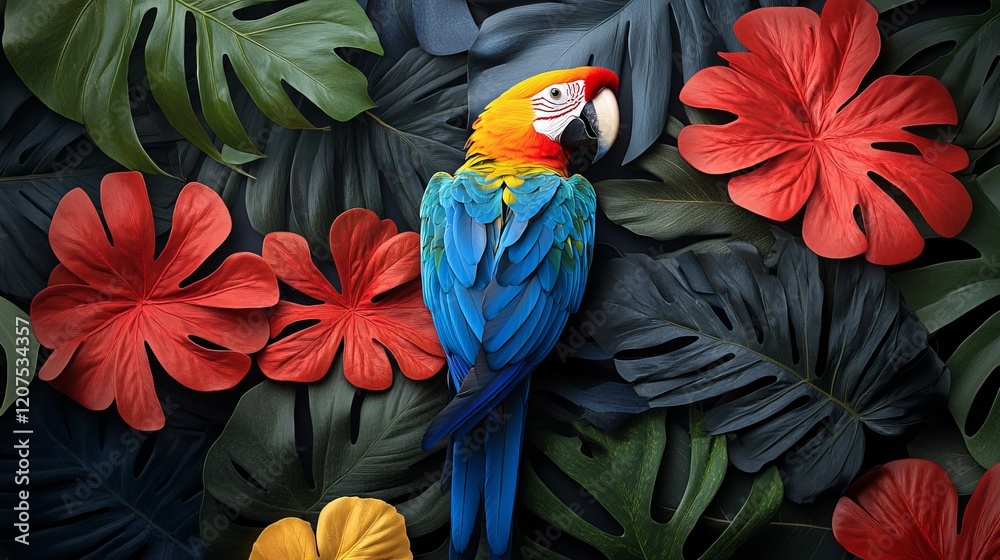 Fototapeta premium Vibrant Macaw Parrot Tropical Leaf Design Red Art Bird Blue Green 