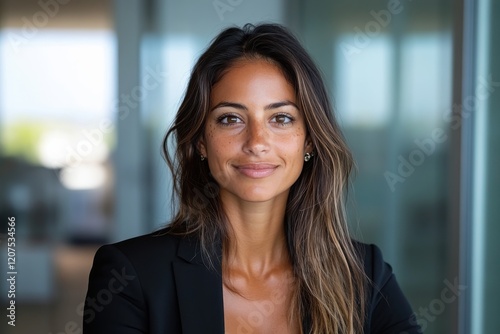 A confident young businesswoman smiles in a modern office setting, embodying professionalism and ambition, reflecting hope and determination in the corporate world. photo