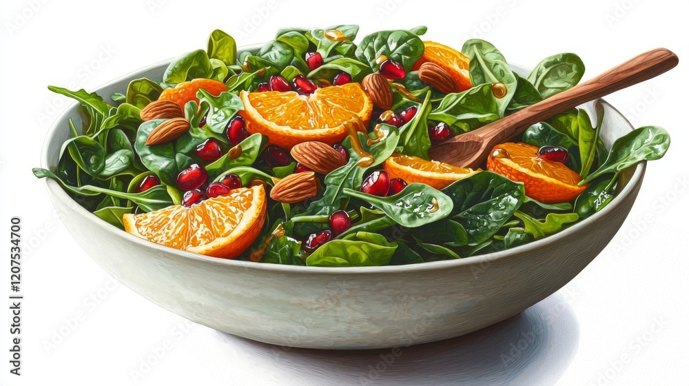 Photorealistic salad bowl composition with spinach arugula fruits nuts Photorealistic salad bowl composition with spinach arugula fruits nuts