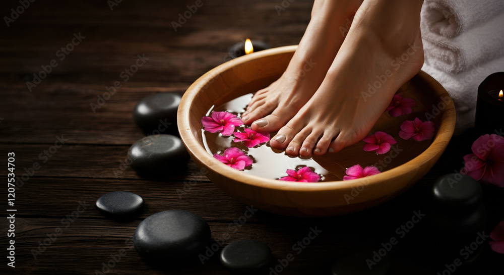 Relaxing spa treatment with feet soaking in a bowl of flower petals Relaxing spa treatment with feet soaking in a bowl of flower petals