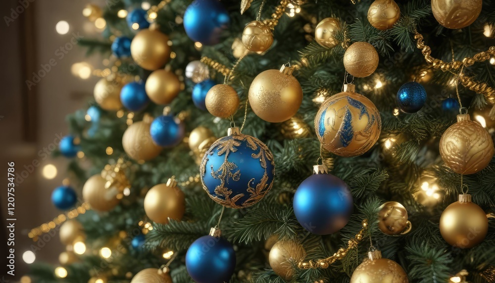 Blue and Gold Ornament Garland on a Christmas Tree, festive, winter wonderland Blue and Gold Ornament Garland on a Christmas Tree, festive, winter wonderland