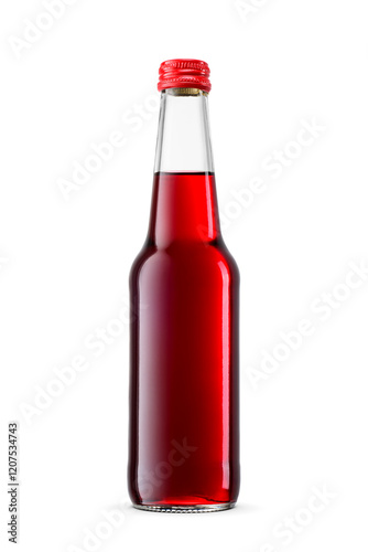 Clear glass bottle filled with bright red beverage isolated. Transparent PNG image.