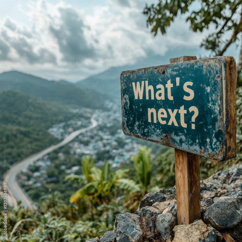 A weathered road sign reading 'What's next?' stands on a rocky outcrop overlooking a winding road and a lush valley A weathered road sign reading 'What's next?' stands on a rocky outcrop overlooking a winding road and a lush valley