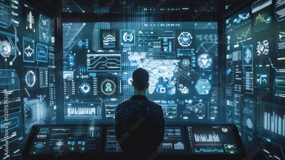 Futuristic Technology Control Room with Data Screens
