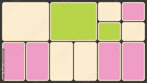 Scallop edged frame template. Bento collage grid shapes. Geometry modular moodboard borders with perforation. Label textboxes Lace frill pack. Trendy blocks blank layout. Vector flat illustration.