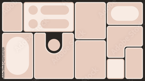 Scallop edged frame template. Bento collage grid shapes. Geometry modular moodboard borders with perforation. Label textboxes Lace frill pack. Trendy blocks blank layout. Vector flat illustration.