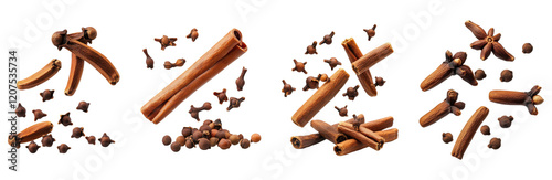 Cinnamon sticks with star anise and cloves, isolated on transparent background