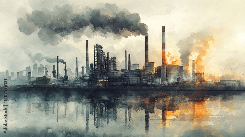 Industrial landscape with smokestacks and reflections during a cloudy day Industrial landscape with smokestacks and reflections during a cloudy day