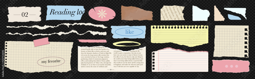 Set of textured torn paper shapes, ripped notebook sheets, jagged edges, magazine clippings, and vintage newspapers in a trendy 90s collage style.Ideas for poster, banner, scrapbooking. Vector element