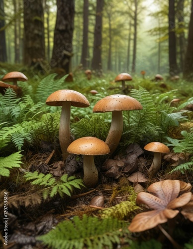 Boletus edulis mushrooms growing in a bed of leaves and ferns on the forest floor, leaf litter, mycological subjects