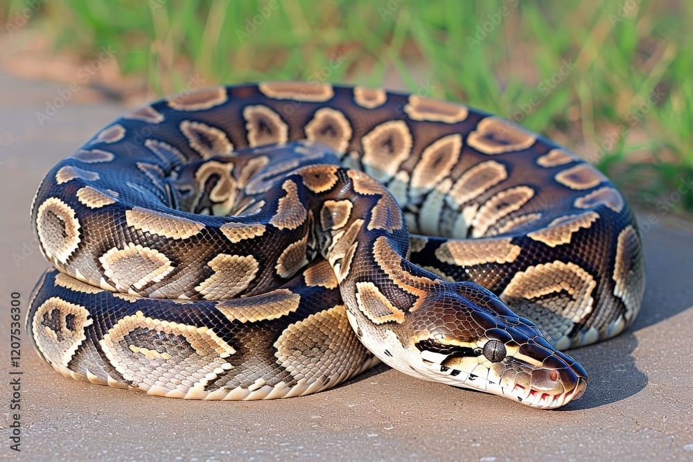 A coiled python showcasing its distinct patterns and colors, resting on a smooth surface surrounded by lush grass. A coiled python showcasing its distinct patterns and colors, resting on a smooth surface surrounded by lush grass.