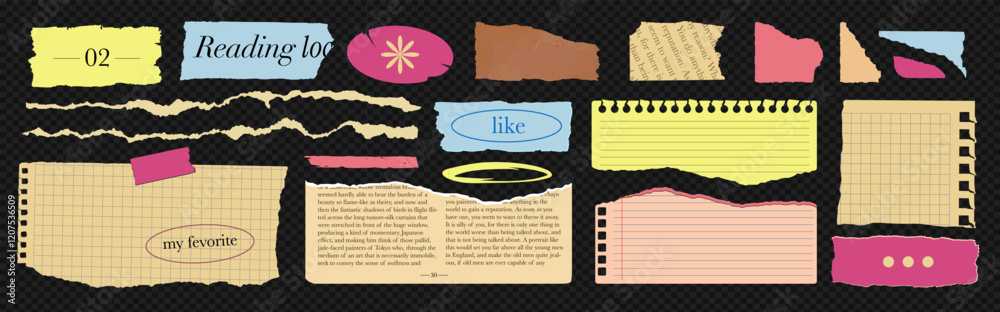 Set of colorfuSet of textured and torn paper shapes, ripped notebook sheets, and edges. Featuring magazine clippings and old newspapers in a trendy 90s collage style. Pl textured and torn paper shapes