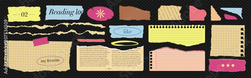 Set of colorfuSet of textured and torn paper shapes, ripped notebook sheets, and edges. Featuring magazine clippings and old newspapers in a trendy 90s collage style. Pl textured and torn paper shapes