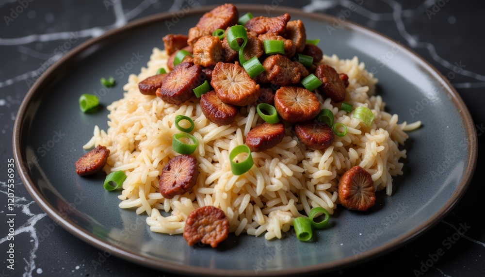 Artistic presentation of fried rice with char siu pork, dark background Artistic presentation of fried rice with char siu pork, dark background