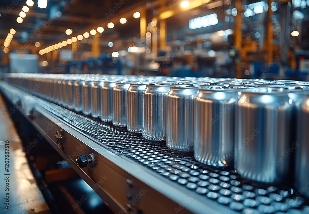 Obraz premium As part of the beverage manufacturing process, empty new aluminum cans move through a factory line on a conveyor belt, capturing the essence of the food and beverage industrial business concept in a