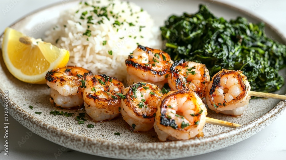 Grilled shrimp skewers with rice and spinach in photo Grilled shrimp skewers with rice and spinach in photo