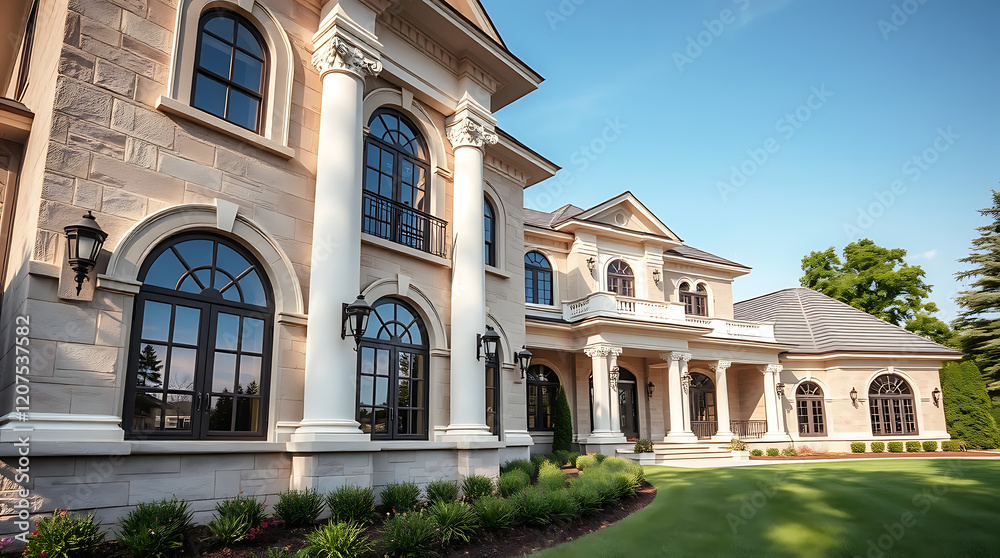 Obraz premium Magnificent Mansion: A Masterpiece of Classical Architecture. This luxurious estate boasts elegant design, grand facade, and stunning landscaping. Discover the epitome of refined living.