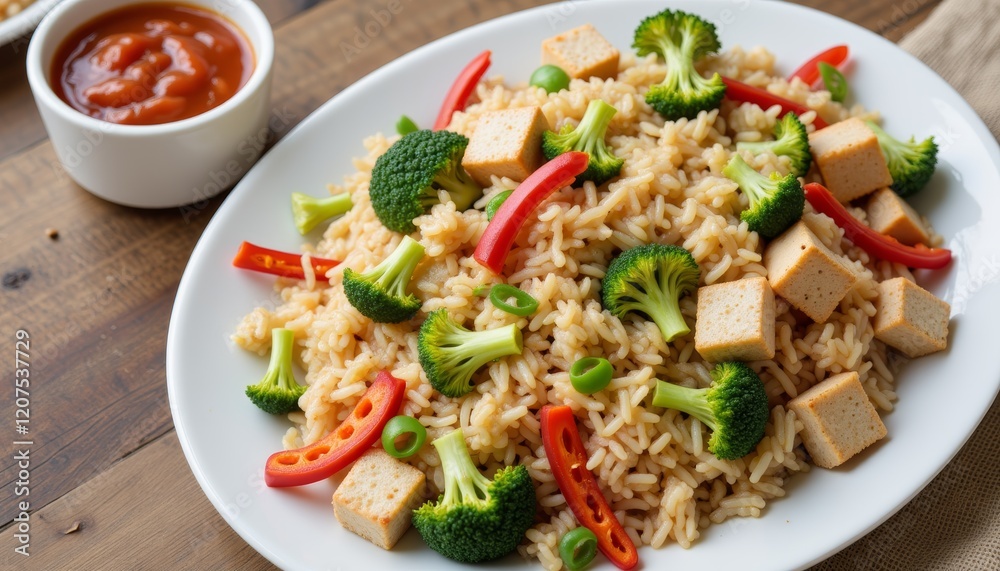 Colorful vegetarian fried rice with tofu and veggies, healthy meal Colorful vegetarian fried rice with tofu and veggies, healthy meal
