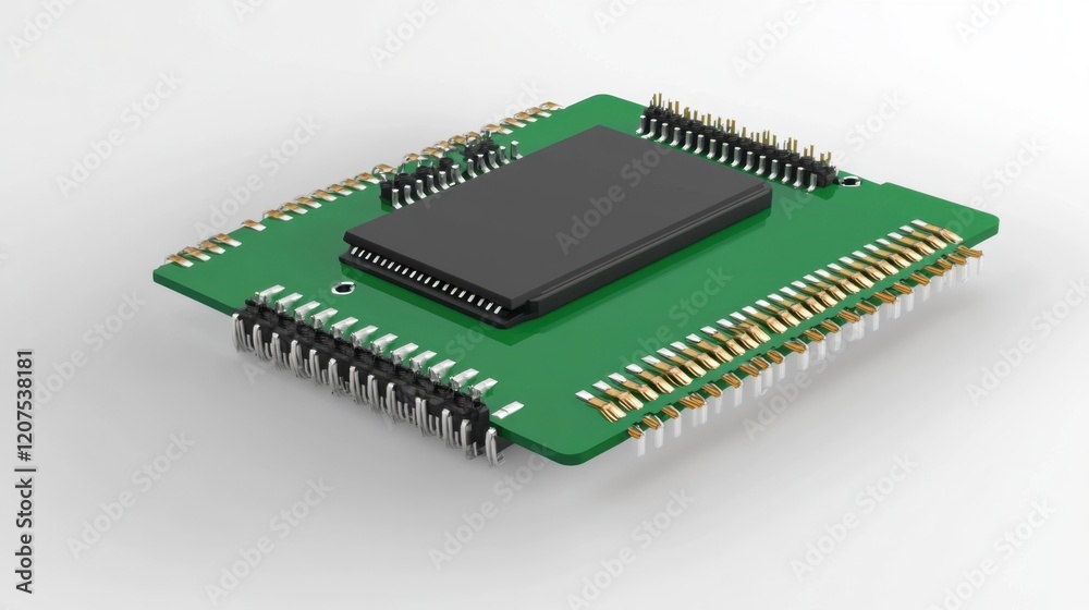 A detailed shot of a microcontroller with visible pins and circuits A detailed shot of a microcontroller with visible pins and circuits