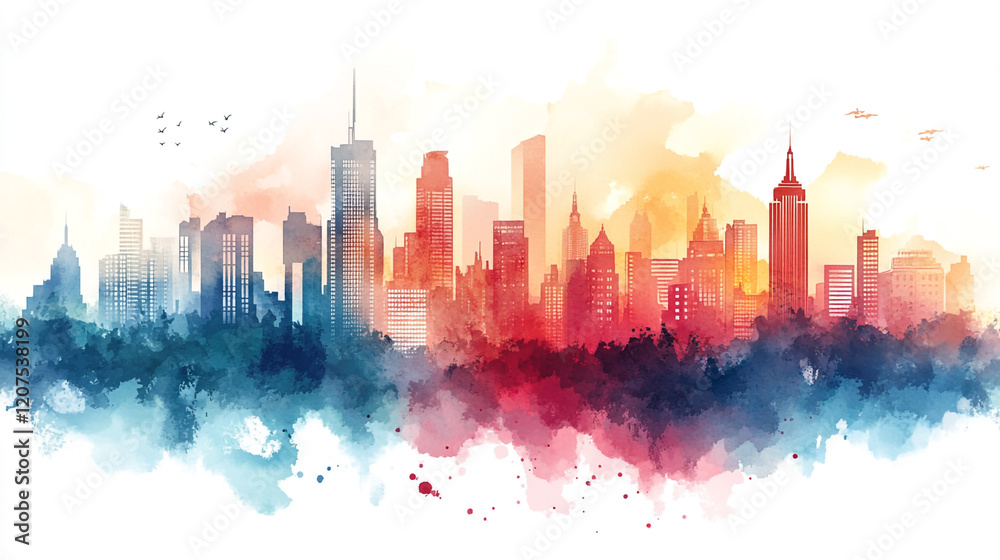Fototapeta premium Vibrant city skyline at sunset with a colorful watercolor effect