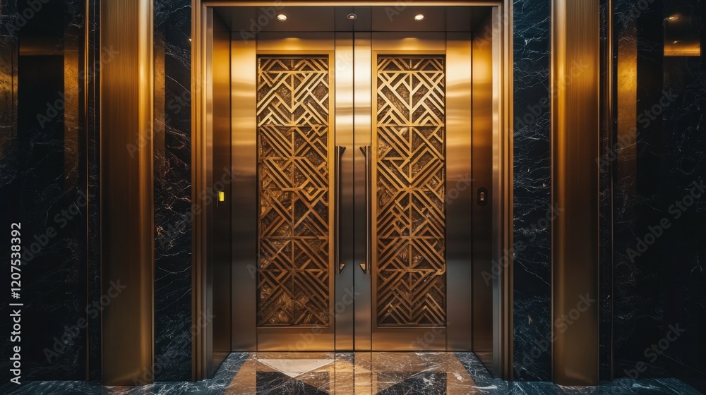 A double steel door with geometric patterns in a luxurious commercial building
