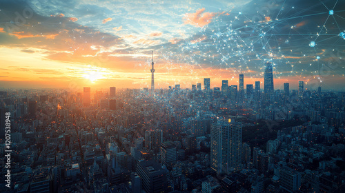 Sunset over Tokyo skyline with digital network connections illuminating the urban landscape