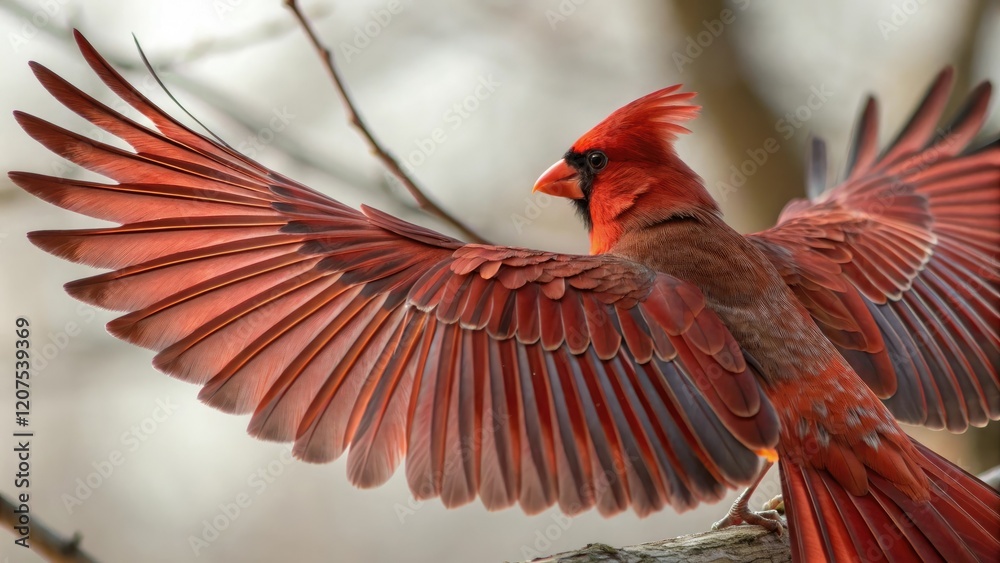 Fototapeta Close-up of a northern cardinal's wings, avian, northern cardinal, wildlife, outdoor, forest floor