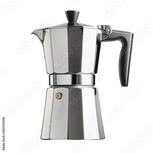 A silver coffee pot with a black handle sits on a white background. Transparent Png. Generative Ai. photo