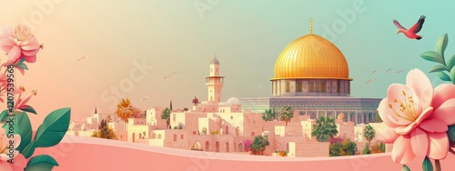 Jerusalem Dome of the Rock: A Serene Cityscape with Blossoming Flowers and Birds
