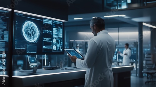 Wallpaper Mural Scientist analyzes data in modern laboratory while collaborating with a colleague on advanced technology and research projects Torontodigital.ca