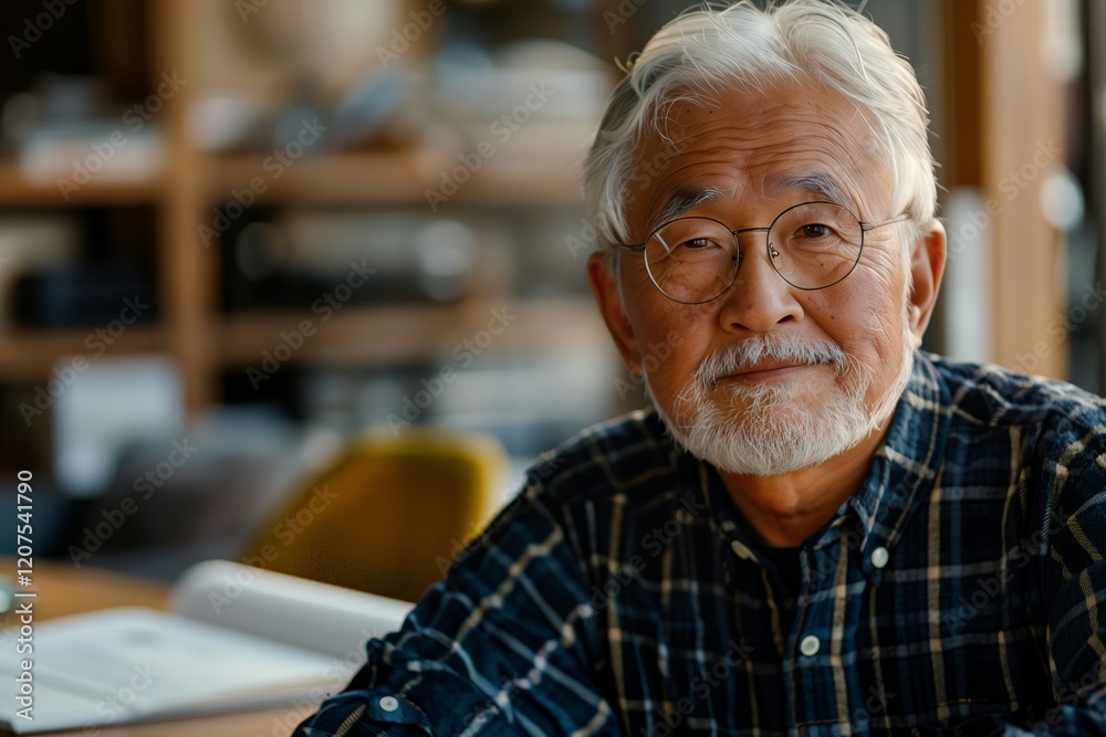Smiling elderly man in glasses, casually dressed, exuding warmth and wisdom indoors.