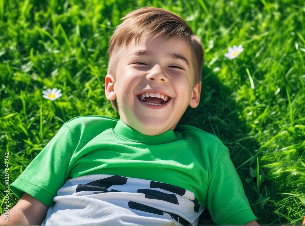 Child enjoys sunny day while relaxing on grass with flowers, radiating joy and laughter in the park Child enjoys sunny day while relaxing on grass with flowers, radiating joy and laughter in the park