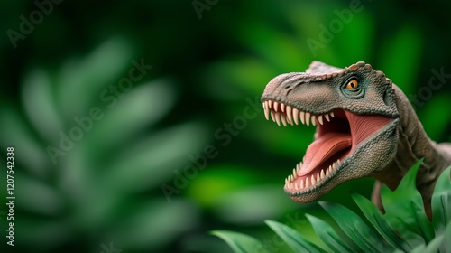 Dinosaur head in a jungle with an open mouth and teeth on a blurred green background photo